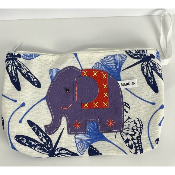Cosmetic Bag Makeup‎ Case Zipper White Blue Butterfly Dragonfly Purple Elephant - Picture 1 of 2